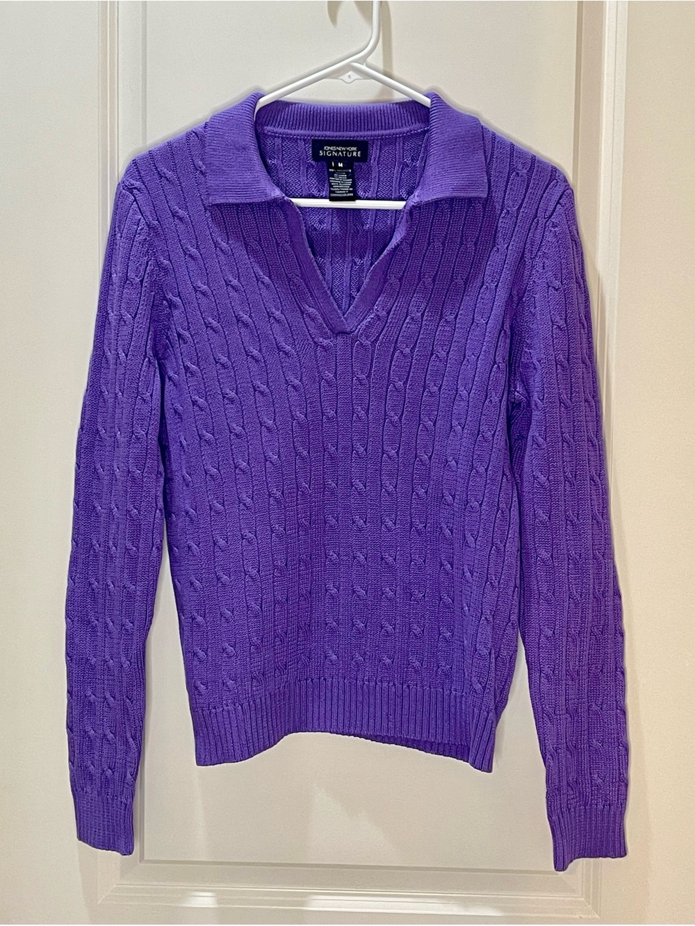 Jones New York 100% Cotton Purple Cable Knit V-Neck Sweater M